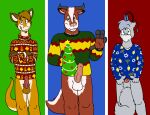 4_fingers absurd_res anthro avian bird blue_body blue_fur boa_(snake) boa_constrictor boinae bottomless bovid bovine brown_body brown_fur brown_hair canid canine cattle christmas christmas_clothing christmas_sweater christmas_topwear clothed clothing crossed_arms emilio_(tabbiewolf) erection fingers fletcher_(tabbiewolf) fox fur galliform genitals green_eyes group hair hanukkah head_feathers hi_res holidays horn hybrid male mammal mephitid montgomery_(tabbiewolf) peafowl penis phasianid red_body red_fur reptile rodent scalie sciurid skunk smile snake sweater tabbiewolf topwear tree_squirrel trio