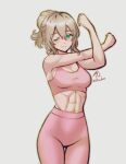  abs bare_shoulders commission effie_(fire_emblem) fire_emblem fire_emblem_fates green_eyes grey_hair hair_bun highres looking_at_viewer midriff one_eye_closed pants pink_sports_bra rotomdocs single_hair_bun sports_bra sportswear yoga_pants 