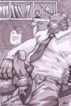 anthro balls bear book bottomwear chair clothed clothing computer dress_shirt electronics erection furniture genitals grisser looking_at_viewer male mammal manly muscular necktie nipple_outline office office_chair open_bottomwear open_clothing open_pants pants penis shirt solo topwear
