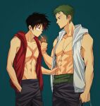  2boys abs aqua_background black_eyes black_hair cigarette cowboy_shot earrings green_hair hand_in_pocket hand_on_another&#039;s_waist haramaki highres holding holding_lighter implied_yaoi jacket jewelry leyuan lighter lighting_cigarette looking_at_another male_focus monkey_d._luffy mouth_hold multiple_boys navel one_eye_closed one_piece open_clothes open_jacket roronoa_zoro scar scar_across_eye scar_on_cheek scar_on_chest scar_on_face short_hair sideburns simple_background single_earring sleeveless sleeveless_jacket 