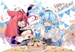  2girls ahoge birthday birthday_cake blue_hair bow breasts cake confetti crop_top cup elf english_text flower food freakedfleapit fruit fur_trim glasses hair_flower hair_ornament happy_birthday heart heart_ahoge highres hololive large_breasts looking_at_another midriff multicolored_hair multiple_girls open_mouth pointy_ears ruby_(freaked_fleapit) strawberry streaked_hair underboob virtual_youtuber yellow_eyes yukihana_lamy zipper 