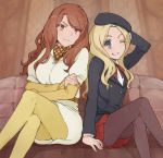  2girls artist_request baret blonde_hair blue_eyes brown_eyes brown_hair couch frenda_seivelun long_hair mugino_shizuri multiple_girls pantyhose sitting smile to_aru_majutsu_no_index wink 