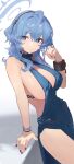  1girl :&lt; absurdres ahoge ako_(blue_archive) ako_(dress)_(blue_archive) arm_support bangle black_hairband blue_archive blue_dress blue_eyes blue_hair bracelet breasts cleavage cuffs dress eyeshadow hairband halo highres jaws_(okdol0928) jewelry large_breasts makeup medium_hair nail_polish official_alternate_costume playing_with_own_hair plunging_neckline purple_nails shackles side_slit sideboob sideless_dress sleeveless sleeveless_dress solo 
