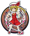  1girl blonde_hair breasts character_name chibi flandre_scarlet full_body hat hat_ribbon ina_(17-ina) index_finger_raised laevatein_(touhou) long_hair mob_cap multicolored_wings one_side_up open_mouth puffy_short_sleeves puffy_sleeves red_eyes red_footwear red_ribbon red_skirt red_vest ribbon shirt short_sleeves simple_background skirt skirt_set small_breasts socks solo teeth touhou v-shaped_eyes vest white_background white_headwear white_shirt white_socks wings 