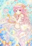  1girl :o air_bubble beamed_sixteenth_notes bubble eighth_note emo_(mikan) fins hair_ribbon head_fins holding holding_instrument instrument jellyfish long_hair looking_at_viewer mermaid monster_girl musical_note navel original painting_(medium) pink_hair purple_eyes ribbon shell_hair_ornament solo traditional_media underwater watercolor_(medium) 