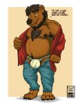 absurd_res anthro armpit_hair bancho bear beard bodily_fluids body_hair bottomwear bottomwear_down briefs bulge chest_hair clothed clothing facial_hair genital_fluids hi_res looking_at_viewer male mammal pants pants_down partially_clothed precum pubes shirtless_male solo text underwear