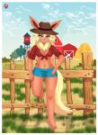 2019 4_toes 5_fingers :3 anthro barn blonde_hair blue_eyes bottomwear bovid bovine breasts brown_nose cattle chest_tuft cleavage clothed clothing cloud cowgirl_outfit detailed_background ear_piercing ear_ring eeveelution farm feet female fence feral fingers flareon fluffy fluffy_tail fur generation_1_pokemon grass hair hat hay headgear headwear hi_res koriand_wildfire long_ears long_hair long_tail mammal midriff navel nintendo orange_body orange_fur outside partially_clothed piercing plant pokemon pokemon_(species) pose raised_leg ring_piercing shinn shirt shorts signature solo tail tied_shirt toes topwear tree tuft water_tank