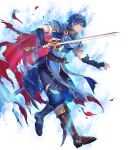  1boy aura blue_aura blue_cape blue_eyes blue_hair cape damaged fingerless_gloves fire_emblem fire_emblem:_mystery_of_the_emblem fire_emblem_engage fire_emblem_heroes floating gloves highres marth_(emblem)_(fire_emblem) marth_(fire_emblem) multicolored_cape multicolored_clothes non-web_source red_cape solo sword tiara torn_cape torn_clothes weapon 