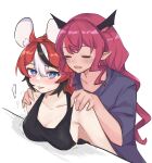  2girls absurdres animal_ears blue_eyes blush hakos_baelz highres hirasawa_izumi hololive hololive_english horns irys_(hololive) long_hair mouse_ears multicolored_hair multiple_girls pointy_ears purple_hair red_hair simple_background streaked_hair virtual_youtuber 