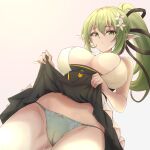  1girl bare_shoulders breasts cleavage clothes_lift dress elf elsword flower green_eyes green_hair hair_between_eyes hair_flower hair_ornament hairclip highres large_breasts long_hair looking_at_viewer panties pointy_ears ponytail rena_erindel skirt skirt_lift sleeveless solo underwear zone25388591 