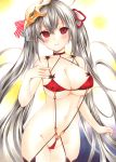  ahoge ass_visible_through_thighs azur_lane bangs bare_shoulders black_choker blush breasts choker cleavage closed_mouth cowboy_shot crossed_bangs empty_eyes eyebrows_visible_through_hair grey_hair groin hair_between_eyes hair_ribbon halterneck hand_up highres large_breasts long_hair looking_at_viewer marker_(medium) navel red_eyes red_ribbon red_swimsuit ribbon smile solo swimsuit taihou_(azur_lane) traditional_media twintails underboob very_long_hair yoruoujito-tsukinohime 