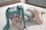  ai-generated bed blue_eyes blue_hair diaper embarrassed hatsune_miku kneeling non-web_source on_bed pee peeing peeing_self twintails vocaloid 