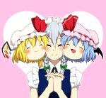  3girls :i bat_wings black_bow black_bowtie black_wings blonde_hair blue_dress blue_hair blush bow bowtie braid cheek_squash closed_eyes closed_mouth collared_shirt commentary_request dress fang flandre_scarlet green_bow grey_hair hair_between_eyes hair_bow hat hat_ribbon heart heart_background interlocked_fingers izayoi_sakuya maid maid_headdress medium_bangs medium_hair mob_cap multiple_girls open_mouth own_hands_together paplikaling pinafore_dress pink_background pink_headwear red_ribbon remilia_scarlet ribbon shirt short_hair sleeveless sleeveless_dress smile touhou twin_braids upper_body white_headwear white_shirt wings yukkuri_shiteitte_ne 