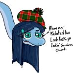 alpha_channel ambiguous_form blue_body blue_eyes blue_hair blue_scales clothing colored english_text faustanon female frown hair hat headgear headwear loch_ness_monster long_neck nessie_(snoot_game) pupils reptile scales scalie scottish simple_background slit_pupils snoot_game solo talking_to_viewer tam_o&#039;_shanter text transparent_background