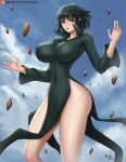  1girl black_nails blue_sky breasts cloud contrapposto dress fubuki_(one-punch_man) green_dress green_eyes green_hair kyopink large_breasts light_smile lips long_sleeves looking_at_viewer navel one-punch_man open_hands patreon_logo patreon_username short_hair signature sky solo telepathy 