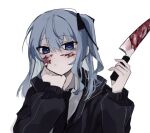  1girl black_jacket black_necktie black_ribbon blood blood_on_face blood_on_knife blue_eyes blue_hair closed_mouth collared_shirt commentary dress_shirt hair_between_eyes hair_ribbon head_rest holding holding_knife hololive hoshimachi_suisei jacket knife light_blush long_sleeves looking_at_viewer medium_hair necktie one_side_up puffy_sleeves ribbon saifu_(saihu715) shadow shirt simple_background solo upper_body virtual_youtuber white_background white_shirt 