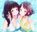  bangs bare_shoulders black_hair blunt_bangs blush breasts brown_eyes chitanda_eru cleavage closed_mouth commentary_request frilled_swimsuit frills halterneck hyouka ibara_mayaka lipstick long_hair looking_at_viewer makeup mery_(apfl0515) multiple_girls parted_lips partially_submerged pink_eyes pink_lips ponytail short_hair sidelocks small_breasts smile swimming swimsuit upper_body very_long_hair water white_swimsuit yellow_swimsuit 