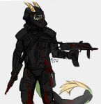 2019 anthro armor black_clothing black_sclera blood bodily_fluids clothed clothing dated famir_(artist) famir_(character) green_body green_tail gun hi_res holding_gun holding_object holding_weapon horn male portrait ranged_weapon signature solo standing tail tail_tuft three-quarter_portrait tuft weapon yellow_eyes yellow_horn