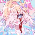  1girl blonde_hair blood blood_on_face blue_bow blue_eyes blue_hair bow chouzetsusaikawa_tenshi-chan fontana_0v0 hair_bow hands_up hashtag_only_commentary heart heart_hands heart_hands_over_eye holographic_clothing long_hair long_sleeves looking_at_viewer multicolored_hair multicolored_nails multiple_hair_bows nail_polish needy_girl_overdose one_eye_covered open_mouth pink_bow pink_hair portrait purple_bow quad_tails sailor_collar smile solo 