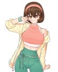  1girl alternate_costume artist_name breasts brown_eyes brown_hair casual closed_mouth gensou_suikoden gensou_suikoden_ii green_pants hairband highres jacket looking_at_viewer medium_breasts midriff nanami_(suikoden) open_clothes open_jacket pants pink_hairband rilievi_(riiv) short_hair simple_background smile solo sports_bra streetwear sweatband track_jacket v white_background yellow_jacket yoga_pants 