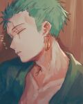  1boy close-up closed_eyes earrings green_hair green_kimono highres japanese_clothes jewelry kimono machida_0906 male_focus one_piece profile roronoa_zoro scar scar_across_eye short_hair sideburns sleeping solo zzz 