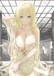  1girl armpits blonde_hair blurry blurry_background breasts closed_mouth collarbone commentary dress falling_feathers hand_in_own_hair hand_up highres indoors kiss-shot_acerola-orion_heart-under-blade kizumonogatari large_breasts long_hair looking_at_viewer monogatari_(series) oshino_shinobu short_dress sitting sleeveless sleeveless_dress smile solo strap_slip usa003uni very_long_hair white_dress yellow_eyes 