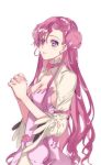  breasts cleavage code_geass collarbone double_bun dress earrings euphemia_li_britannia flower from_side hair_between_eyes hands_clasped interlocked_fingers jewelry long_hair looking_up medium_breasts meimi_k own_hands_together pink_dress pink_flower pink_hair pink_rose purple_eyes rose shiny shiny_hair shrug_(clothing) sideboob simple_background sleeveless sleeveless_dress smile solo strapless strapless_dress upper_body very_long_hair white_background 