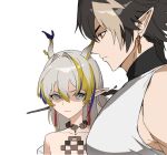  1boy 1girl arknights bare_shoulders black_hair blonde_hair blue_hair brother_and_sister brown_hair chong_yue_(arknights) closed_mouth collarbone dragon_horns earrings from_side grey_hair highres horns jason_kim jewelry multicolored_hair necklace pointy_ears profile red_eyes shirt shu_(arknights) siblings simple_background sleeveless sleeveless_shirt streaked_hair two-tone_hair white_background white_shirt 