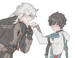  2boys :d armor artist_name black_coat black_gloves black_hair blush button_gap closed_mouth coat commentary dan_heng_(honkai:_star_rail) ear_blush earrings gentleman gloves green_armor grey_eyes hair_intakes hand_on_own_stomach high_collar highres honkai:_star_rail honkai_(series) hood hooded_jacket jacket jewelry long_hair long_sleeves looking_at_another male_focus multiple_boys nervous open_mouth ponytail profile rhosavior short_hair shoulder_armor simple_background smile stud_earrings upper_body white_background white_hair white_jacket yaoi yingxing_(honkai:_star_rail) 