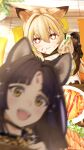  +_+ 2girls :d :t animal_ears arknights black_hair blurry blurry_foreground breasts brown_jacket ceobe_(arknights) closed_mouth cushion depth_of_field dog_ears dog_girl dog_tail english_commentary facial_mark food food_on_face food_request forehead_mark from_above hair_between_eyes highres holding holding_food holding_spoon indoors jacket light_brown_hair long_hair long_sleeves medium_breasts multiple_girls parted_bangs plate puffy_long_sleeves puffy_sleeves saga_(arknights) sitting sleeves_past_wrists smile sparkle spoon tail very_long_hair wavy_mouth wooden_floor yokaze_(yokajie) zabuton 