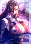  1girl absurdres alternate_costume bare_shoulders breasts brown_eyes brown_hair cleavage closed_mouth detached_sleeves fire_emblem fire_emblem_fates fireworks hair_over_one_eye highres kagero_(fire_emblem) large_breasts long_hair looking_at_viewer night night_sky sky smile solo to_(tototo_tk) upper_body 