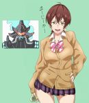  :d alexis_(ssss.gridman) alternate_costume bow breasts brown_hair brown_sweater cardigan company_connection contrapposto cosplay cowboy_shot diagonal_stripes highres inada_tetsu large_breasts looking_at_viewer mature midori_(uchuu_patrol_luluco) midori_(uchuu_patrol_luluco)_(cosplay) miniskirt open_mouth over_justice parody plaid plaid_skirt pleated_skirt pretty-purin720 purple_skirt school_uniform seiyuu_connection shintani_mayumi short_hair skirt smile ssss.gridman striped striped_bow sweater takarada_rikka's_mother trigger_(company) uchuu_patrol_luluco yellow_eyes 