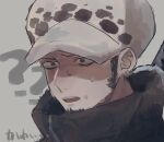  1boy ? ?? black_coat close-up coat collared_coat commentary earrings facial_hair goatee hat highres jewelry looking_to_the_side machida_0906 male_focus one_piece sideburns solo sweatdrop sword trafalgar_law weapon white_headwear 