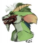 2019 anthro black_sclera bovid caprine colored_sketch dated dragon ear_piercing ears_back famir_(artist) famir_(character) fangs fur furred_dragon gauged_ear goat gore green_body green_fur hi_res horn hybrid male mammal piercing pivoted_ears side_view signature simple_background sketch solo teeth white_background yellow_eyes yellow_horn