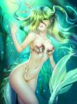  bikini breasts collarbone floating_hair gigamessy green_eyes grey_hair hair_between_eyes hair_over_one_eye highleg highleg_bikini long_hair looking_at_viewer medium_breasts navel open_mouth original solo swimsuit underwater very_long_hair 