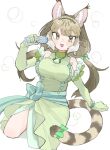  1girl :3 animal_ears bare_shoulders blue_bow blunt_bangs blush bow bracelet brown_hair cat_ears cat_girl cat_tail cosplay cowboy_shot dress earrings elbow_gloves frilled_dress frilled_gloves frills gloves green_bow green_dress green_eyes green_gloves green_hair grey_hair head_chain high_collar jewelry jungle_cat_(kemono_friends) kemono_friends kemono_friends_v_project long_hair mermaid_melody_pichi_pichi_pitch microphone multicolored_hair necklace open_mouth shell shell_earrings shell_necklace shimazoenohibi sidelocks sleeveless solo tail tail_bow tail_ornament touin_rina_(idol) touin_rina_(idol)_(cosplay) twintails waist_bow 
