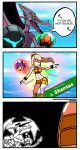  3koma abs blonde_hair breasts cleavage closed_eyes color_drain comic commentary dancing dark_samus dragonith english english_commentary facepalm highres metroid metroid_(creature) metroid_prime mole mole_under_mouth monster outstretched_arms ponytail possessed ridley samus_aran shantae_(character) shantae_(series) short_shorts shorts smile speech_bubble spirit_(super_smash_bros.) super_smash_bros. super_smash_bros._ultimate sweat toned wristband |_| 