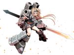  artist_request belt blonde_hair breasts cannon cosmic_break cross dress green_eyes grey_dress hairband hanna_fritz iron_cross lance leg_armor long_hair mecha_musume medium_breasts military_uniform official_art open_mouth outstretched_arm polearm second-party_source uniform weapon 