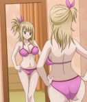  1girl ass blonde_hair blush bra breasts cleavage fairy_tail gluteal_fold hair_ornament hand_on_hips large_breasts lucy_heartfilia midriff mirror navel panties pink_bra pink_panties smile solo thigh_gap underwear 