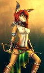  2018 5_fingers anthro areola arrow bow breasts clothed clothing digital_media_(artwork) female fur green_eyes hair holding_object holding_weapon lagomorph mammal nipples rabbit red_hair shumey smile stanidng tan_fur weapon 