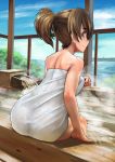  abazu-red arm_support ass back bangs bare_shoulders bath black_ribbon blue_sky brown_eyes brown_hair closed_mouth cloud cloudy_sky commentary_request day eyebrows_visible_through_hair from_behind girls_und_panzer hair_ribbon indoors koyama_yuzu leaning_forward looking_at_viewer looking_back naked_towel ocean ribbon short_hair short_ponytail sitting sky smile soaking_feet solo steam towel white_towel window 