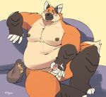 2024 anthro belly big_belly blush bodily_fluids canid canine cum erection fox genital_fluids genitals hi_res kemono male mammal masturbation moobs navel nipples overweight overweight_male penis realiron_(artist) sitting small_penis solo