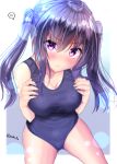  ass_visible_through_thighs bangs bare_arms bare_shoulders blue_swimsuit blush breasts cleavage collarbone cowboy_shot eyebrows_visible_through_hair fingernails hair_between_eyes hands_on_own_chest hands_up head_tilt large_breasts long_hair mokufuu one-piece_swimsuit original purple_eyes purple_hair school_swimsuit sidelocks solo spoken_blush swimsuit twintails twitter_username very_long_hair white_background 