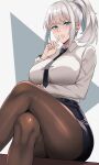  1girl a2_(nier:automata) arm_under_breasts black_skirt blue_eyes breasts collared_shirt crossed_legs finger_to_mouth hair_between_eyes high_ponytail highres lainart large_breasts mole mole_under_mouth necktie nier:automata nier_(series) pantyhose ponytail shirt short_ponytail shushing sidelocks sitting skirt solo thighs white_hair 