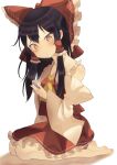  1girl absurdres ascot bare_shoulders barefoot black_hair blush bow brown_eyes commentary_request cup detached_sleeves frilled_bow frilled_hair_tubes frilled_shirt_collar frilled_skirt frills from_side full_body hair_between_eyes hair_bow hair_tubes hakurei_reimu highres holding holding_cup long_hair long_sleeves looking_at_viewer parted_lips red_bow red_skirt red_vest seika_okawari seiza sidelocks simple_background sitting skirt soles solo toes touhou vest white_background wide_sleeves yellow_ascot 