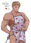  1boy 69_(meme) absurdres alternate_costume apron apron_lift bara blonde_hair collarbone cowboy_shot dungeon_meshi heart heart_print highres laios_thorden looking_down male_focus meme naked_apron nipple_slip nipples pectorals penis penis_peek raised_eyebrows short_hair sidepec snowsalmon0x0 solo thick_eyebrows toned toned_male twitter_strip_game_(meme) 