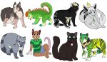2015 aliasing ambiguous_gender anthro back_spikes bald_tail black_body black_fur black_markings black_nose black_stripes blonde_hair blood blue_eyes blue_sclera bluekyokitty bodily_fluids bow_tie brown_body brown_claws brown_eyes brown_fur brown_inner_ear canid canine canis chameleon claws clothing collar collar_tag countershade_fur countershading coyote digital_drawing_(artwork) digital_media_(artwork) digitigrade domestic_cat dragon ear_piercing ear_ring felid feline felis feral feral_with_hair flat_colors floating_crown fur furred_dragon gauged_ear gloves green_body green_clothing green_eyes green_fur green_sclera green_shirt green_topwear grey_body grey_eyes grey_fur grey_hair grey_nose grey_tongue group hair hairless_tail handwear heterochromia hindpaw hybrid jewelry lizard looking_at_viewer lying mammal markings narrowed_eyes necklace nosebleed notched_ear orange_inner_ear orange_spikes orange_tongue pantherine pattern_clothing pattern_shirt pattern_topwear paws persian_cat piercing pink_body pink_inner_ear pink_nose pink_skin pink_tail plantigrade plug_(jewelry) prehensile_tail procyonid raccoon rainbow_bow_tie raised_tail red_collar red_eyes red_hair reptile ring_(marking) ring_piercing ringtail scalie sebdoggo shirt simple_background sitting skull_collar_tag smile snout spiked_tail spikes spikes_(anatomy) standing striped_body striped_clothing striped_fur striped_markings striped_shirt striped_topwear stripes tail tail_markings tail_tuft tan_body tan_fur tiger tongue tongue_out topwear tuft whiskers white_background white_body white_claws white_clothing white_countershading white_gloves white_handwear yellow_nose