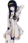  1girl absurdres black_eyes black_hair commentary detached_collar dress gloves gnosia gradient_background hairband highres hime_cut long_hair looking_to_the_side season_(artist) solo standing straight_hair white_background white_dress white_gloves yellow_hairband yuriko_(gnosia) 