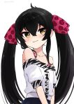  1girl animal_print black_hair black_skirt blush collarbone flat_chest hair_between_eyes hair_ribbon highres idolmaster idolmaster_cinderella_girls leopard_print long_hair looking_at_viewer matoba_risa off-shoulder_shirt off_shoulder pink_ribbon ribbon roccamoya shirt short_sleeves sidelocks skirt smile solo twintails twitter_username upper_body white_background white_shirt yellow_eyes zebra_print 