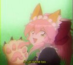  1990s_(style) 1girl a_cat_is_fine_too_(meme) animal_ear_fluff animal_ears animal_hands black_dress bow cat_ears commentary dress english_commentary english_text fang fate/grand_order fate_(series) from_side green_background hair_between_eyes hair_bow high_ponytail long_hair looking_at_viewer maid maid_headdress medium_bangs meme open_mouth pink_hair red_bow retro_artstyle sidelocks smile solo static step_arts subtitled tamamo_(fate) tamamo_cat_(fate) tamamo_cat_(second_ascension)_(fate) upper_body yellow_eyes 
